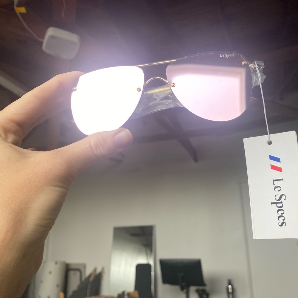 Le Specs aviator style mirrored sunglasses, flat glass, purple tint panarea